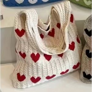 Cable Knit Sweater Tote Shoulder Bag Red Hearts Cream Valentines Knit Bag NEW